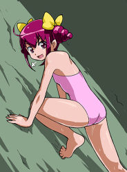 Rule 34 | 10s, 1girl, ahoge, ass, bow, breath, green background, hair bow, hoshizora miyuki, looking at viewer, one-piece swimsuit, pink eyes, pink hair, pink one-piece swimsuit, precure, rohitsuka, short hair, smile precure!, solo, sweat, swimsuit