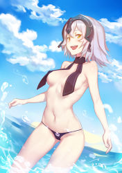 Rule 34 | 1girl, :d, absurdres, bikini, bikini bottom only, black bikini, blue sky, breasts, cloud, day, fate/grand order, fate (series), headpiece, highres, jeanne d&#039;arc (fate), jeanne d&#039;arc alter (avenger) (fate), jeanne d&#039;arc alter (fate), looking at viewer, medium breasts, navel, ocean, open mouth, shiliuyexiaohei, short hair, silver hair, sky, smile, solo, standing, swimsuit, topless, wading, yellow eyes