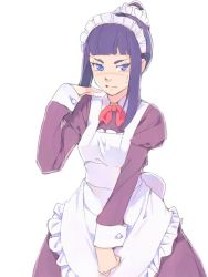 Rule 34 | 1girl, akinbo (hyouka fuyou), apron, blue eyes, blunt bangs, blush, character request, embarrassed, long hair, long skirt, long sleeves, looking away, maid, maid headdress, purple hair, purple shirt, purple skirt, red neckwear, shirt, simple background, skirt, solo, standing, sweatdrop, white apron, white background