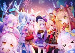 Rule 34 | &gt; &lt;, 6+girls, :d, > <, aerial fireworks, ahoge, animal ear fluff, animal ears, bad id, bad pixiv id, bell, black dress, black legwear, blue eyes, blue hair, bow, breasts, brown eyes, building, bun cover, cloak, closed mouth, demon horns, demon tail, detached sleeves, double bun, dress, fang, feathered wings, fireworks, food in mouth, fur-trimmed cloak, fur-trimmed sleeves, fur trim, hair bow, hair ornament, halo, holding hands, hat, heart, heart-shaped pupils, highres, horns, jingle bell, light brown hair, long sleeves, mouth hold, multiple girls, mvv, night, night sky, off-shoulder dress, off shoulder, open mouth, original, pink dress, pink hair, pink sleeves, purple bow, purple dress, purple eyes, purple sleeves, rabbit ears, red cloak, red eyes, sheep, single horn, sky, skyscraper, sleeves past wrists, small breasts, smile, star-shaped pupils, star (symbol), symbol-shaped pupils, tail, thighhighs, white hair, white legwear, white wings, wide sleeves, wings, witch hat, xd, yellow eyes