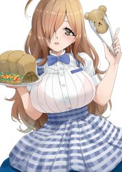 Rule 34 | 1girl, ahoge, alternate costume, apron, bear head, blue bow, blue bowtie, blue skirt, blush, bow, bowtie, bra visible through clothes, bralines, bread, breasts, brown eyes, brown hair, buttons, commentary request, cowboy shot, food, hair over one eye, hands up, highres, holding, holding tray, kntrs (knyrs), kobeya uniform, kono subarashii sekai ni shukufuku wo!, large breasts, light brown hair, long hair, looking at viewer, open mouth, ribbon, shirt, short sleeves, simple background, skirt, smile, solo, striped clothes, striped skirt, suspender skirt, suspenders, tongs, tray, underbust, uniform, vertical-striped clothes, vertical-striped skirt, waitress, white background, white shirt, wiz (konosuba)