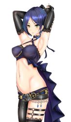 Rule 34 | 1girl, armpits, arms up, bare shoulders, belt, black choker, black gloves, black pants, blue hair, blush, breasts, choker, commentary, earrings, elbow gloves, fingerless gloves, gloves, green eyes, hayami kanade, highres, idolmaster, idolmaster cinderella girls, idolmaster cinderella girls starlight stage, jewelry, looking at viewer, medium breasts, midriff, navel, otone, pants, parted lips, short hair, simple background, smile, solo, thighs