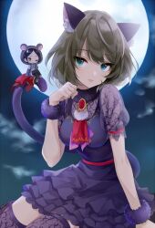 Rule 34 | 2girls, animal ears, arm support, blue eyes, blue ribbon, breasts, brooch, brown hair, cat ears, cat tail, chibi, crossed legs, dress, fake animal ears, fake tail, frilled dress, frills, full moon, fur bracelet, green eyes, hand on own face, hayami kanade, heterochromia, idolmaster, idolmaster cinderella girls, idolmaster cinderella girls starlight stage, jewelry, lace thighhighs, looking at viewer, medium breasts, mole, mole under eye, moon, mouse ears, multiple girls, night, night sky, one eye closed, open mouth, parted bangs, paw pose, purple dress, q-v (levia), ribbon, see-through, see-through sleeves, short hair, short sleeves, sitting, sky, smile, solo, sweatdrop, tail, takagaki kaede, thighhighs, yellow eyes, zettai ryouiki