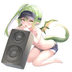 Rule 34 | 1girl, barefoot, blue shorts, blush, colored inner hair, dragon tail, dragon wings, fang, full body, green eyes, green hair, hair between eyes, hands up, highres, kneeling, leaning forward, looking at viewer, multicolored hair, original, parted lips, pointy ears, short shorts, shorts, side ponytail, simple background, skin fang, slit pupils, solo, speaker, spread wings, sweat, tail, topless, unizou, white background, wings