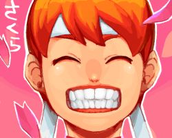 Rule 34 | 1girl, :d, capcom, character name, cherry blossoms, close-up, closed eyes, grin, hachimaki, headband, kasugano sakura, moudoku (decopon3rd), open mouth, orange hair, pink background, short hair, smile, solo, street fighter, teeth