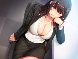 Rule 34 | 1girl, black bra, black eyes, black skirt, blouse, blunt bangs, bra, bra slip, breasts, brown hair, business suit, buttoned cuffs, buttons, chair, checkered floor, cleavage, collarbone, collared shirt, do s na ol joou sama, eyebrows, formal, from above, game cg, head rest, indoors, large breasts, legs, long hair, long sleeves, looking at viewer, miniskirt, nana g, non-web source, office chair, open clothes, original, pantyhose, parted lips, pencil skirt, pocket, shirt, sitting, skirt, skirt suit, solo, suit, swivel chair, table, thighs, unbuttoned, underwear, white shirt