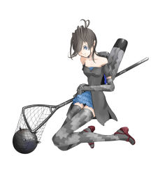 Rule 34 | 1girl, antenna hair, camouflage, chimney, collarbone, dress, explosive, funnel, grey thighhighs, hair over one eye, hand net, kriegsmarine, mecha musume, military, mine (weapon), nano (nanosize), naval mine, original, personification, print thighhighs, ship, short hair, simple background, solo, thighhighs, watercraft, weapon, world war ii