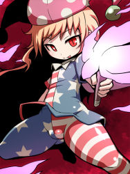Rule 34 | 1girl, :p, american flag dress, american flag legwear, bad id, bad pixiv id, blonde hair, clownpiece, fat mons, hakika, hat, image sample, jester cap, long hair, md5 mismatch, pantyhose, pixiv sample, red eyes, solo, thighs, tongue, tongue out, torch, touhou, upskirt