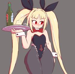 Rule 34 | 1girl, arc system works, artist name, blazblue, blonde hair, blush, bow, bowtie, breasts, drink, fupoo, hair ornament, hair ribbon, long hair, navel, petite, plate, rachel alucard, red eyes, ribbon, see-through, see-through legwear, slit pupils, small breasts, thick thighs, thighs, twintails, vampire, wide hips