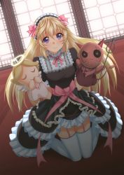 Rule 34 | 1girl, angel and devil, backlighting, bad id, bad pixiv id, black dress, blonde hair, blush, bow, dress, dutch angle, frilled dress, frills, garter straps, gothic lolita, hair ribbon, halo, hand puppet, highres, lolita fashion, long hair, original, oxxo (dlengur), pitchfork, puppet, purple eyes, ribbon, smile, smipe, solo, thighhighs, white thighhighs