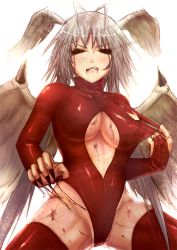 Rule 34 | 1girl, antenna hair, bad id, bad pixiv id, beaten, black sclera, blood, breasts, cleavage, cleavage cutout, clothing cutout, colored sclera, final fantasy, final fantasy tactics, head wings, jisper2002, large breasts, leotard, red leotard, solo, thighhighs, torn clothes, ultima (fft), white hair, wings