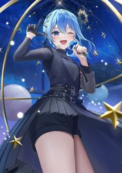 Rule 34 | 1girl, ;d, absurdres, belt, black belt, black gloves, black nails, blue eyes, blue hair, floating hair, gloves, half gloves, highres, holding, holding microphone, hololive, hoshimachi suisei, hoshimachi suisei (shout in crisis), index finger raised, looking at viewer, microphone, nakaneabura8623, official alternate costume, one eye closed, open mouth, short shorts, shorts, single glove, single half glove, sky, smile, solo, star (sky), star (symbol), star in eye, starry sky, symbol in eye, thighs, virtual youtuber