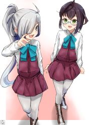 Rule 34 | 10s, 2girls, :d, ahoge, arms at sides, asashimo (kancolle), blue-framed eyewear, blue bow, blue bowtie, blush, boots, bow, bowtie, brown footwear, brown hair, cross-laced footwear, dress, fang, gang, glasses, green eyes, grey eyes, grey legwear, hair over one eye, hand up, kantai collection, knee boots, lace-up boots, legs together, long hair, long sleeves, multiple girls, nayuhi (yukimuu14), okinami (kancolle), open mouth, pantyhose, pink background, pleated skirt, ponytail, red skirt, red vest, school uniform, semi-rimless eyewear, shirt, short hair, silver hair, simple background, sketch, skirt, sleeveless, sleeveless dress, smile, teeth, tooth, under-rim eyewear, vest, walking, white shirt