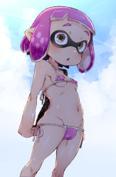 Rule 34 | 1girl, arms behind back, bikini, blue background, blue sky, blush, breasts, brown eyes, cameltoe, cleft of venus, cloud, collagen, collarbone, covered erect nipples, day, domino mask, female focus, groin, inkling player character, mask, navel, nintendo, open mouth, outdoors, own hands together, pink bikini, pink hair, shiny skin, short hair, side-tie bikini bottom, sky, small breasts, solo, splatoon (series), standing, string bikini, swimsuit, tentacle hair, underboob, wet