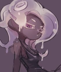 Rule 34 | 1girl, :o, bare shoulders, black tank top, colored eyelashes, dark-skinned female, dark skin, dripping, koike3582, long hair, nintendo, octoling, octoling girl, octoling player character, open mouth, purple background, purple eyes, simple background, solo, splatoon (series), suction cups, tank top, tentacle hair, white hair