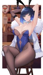 Rule 34 | 1girl, absurdres, animal ears, armpits, arms behind head, arms up, bar (place), bar stool, bare arms, bare shoulders, black gloves, black pantyhose, blue hair, blue leotard, blunt bangs, bottle, breasts, choker, cleavage, collarbone, crossed legs, diagonal bangs, diamond earrings, earrings, elbow gloves, fur-trimmed jacket, fur trim, genshin impact, gloves, green eyes, highres, indoors, jacket, jewelry, large breasts, leotard, looking at viewer, mole, mole on breast, navel, pantyhose, pendant, playboy bunny, rabbit ears, short hair, single elbow glove, sitting, solo, stool, ultra-13, white jacket, yelan (genshin impact)