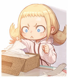 Rule 34 | 1girl, :&lt;, blonde hair, blue eyes, border, child, commentary, constricted pupils, damaged, failure, hood, hoodie, kozato (yu kozato), long sleeves, low twintails, original, short twintails, solo, surprised, tissue, tissue box, twintails, white border, white hoodie