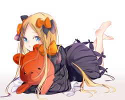 Rule 34 | 1girl, abigail williams (fate), bad id, bad pixiv id, barefoot, black bow, black dress, black hat, blonde hair, blue eyes, bow, brown background, bug, butterfly, commentary request, dress, fate/grand order, fate (series), forehead, gradient background, hair bow, hat, hugging object, insect, legs up, long hair, long sleeves, looking at viewer, lying, on stomach, orange bow, parted bangs, parted lips, polka dot, polka dot bow, sleeves past fingers, sleeves past wrists, soles, solo, stuffed animal, stuffed toy, teddy bear, very long hair, white background, yonemuro