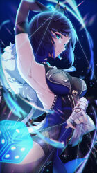 Rule 34 | absurdres, aqua eyes, arm up, armpits, asymmetrical gloves, black gloves, blue background, blue dress, blue hair, breasts, chinese wolfberry, cowboy shot, dark blue hair, dice, dress, elbow gloves, fingerless gloves, genshin impact, gloves, glowing, glowing eyes, highres, hip vent, medium breasts, mismatched gloves, parted lips, short hair, sleeveless, sleeveless dress, smile, string, white gloves, yelan (genshin impact)