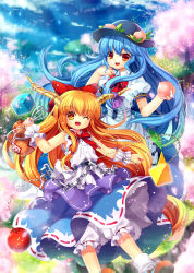 Rule 34 | 2girls, blue hair, bow, brown eyes, brown hair, capura lin, chain, cherry blossoms, female focus, food, fruit, gourd, hair bow, hat, highres, hinanawi tenshi, horns, ibuki suika, long hair, looking at viewer, multiple girls, nature, open clothes, peach, petals, red eyes, smile, touhou, wink