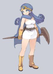 Rule 34 | 1girl, blue eyes, blue hair, boots, breasts, cape, circlet, dragon quest, dragon quest iii, dress, elbow gloves, full body, gloves, highres, large breasts, long hair, mota, sage (dq3), simple background, skirt, smile, solo, staff