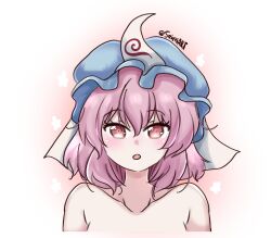 Rule 34 | 1girl, :o, blue hat, collarbone, commentary, hat, highres, looking at viewer, mob cap, nude, open mouth, pink eyes, pink hair, saigyouji yuyuko, seireiart, short hair, solo, touhou, triangular headpiece, twitter username, upper body, white background
