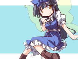 Rule 34 | 1girl, black hair, blue dress, boots, bow, brown hair, cross-laced footwear, dress, fairy wings, hair bow, hemogurobin a1c, long hair, pointy ears, puffy short sleeves, puffy sleeves, sash, shirt, short sleeves, simple background, sitting, smile, solo, star sapphire, touhou, very long hair, wings