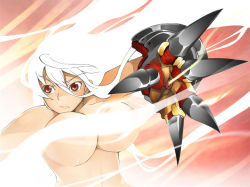 Rule 34 | 1girl, breasts, censored, claws, convenient censoring, kosame daizu, large breasts, nude, red eyes, solo, white hair, wind