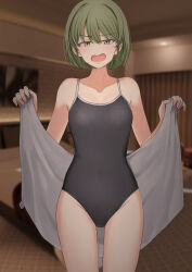 Rule 34 | 1girl, blurry, blurry background, blush, collarbone, cowboy shot, green eyes, green hair, groin, highres, holding, holding towel, hotel room, idolmaster, idolmaster shiny colors, indoors, looking at viewer, nanakusa nichika, one-piece swimsuit, short hair, solo, swimsuit, towel, tsurui, white towel