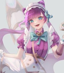 Rule 34 | 1girl, :d, absurdres, bow, bowtie, cafe cuties jinx, collared shirt, dress shirt, flower, green bow, green bowtie, green eyes, green flower, hair flower, hair ornament, highres, holding, holding tray, jinx (league of legends), league of legends, long hair, long sleeves, maid headdress, mettyon, multicolored hair, official alternate costume, open mouth, pink hair, puffy short sleeves, puffy sleeves, raccoon ornament, shirt, short sleeves, skirt, smile, solo, teeth, tray, two-tone hair, white skirt