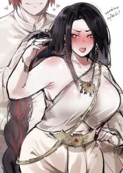 Rule 34 | 1boy, 1girl, absurdres, black hair, blush, bracelet, braid, breasts, commentary, earrings, english commentary, heart, highres, jewelry, k (kuayrenaiz), kurenaiz (kuayrenaiz), large breasts, long hair, midriff, multicolored hair, navel, necklace, open mouth, orange eyes, original, red hair, red lips, simple background, single bare shoulder, smile, steaming body, streaked hair, thai clothes, thai text, translation request, white background