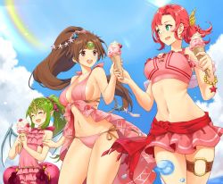 Rule 34 | 3girls, alternate breast size, beach, bikini, blush, bow, bracelet, breasts, brown eyes, brown hair, circlet, closed eyes, cloud, collarbone, commentary, cowboy shot, dragon wings, english commentary, fire emblem, fire emblem: shadow dragon, fire emblem heroes, flat chest, food, frilled bikini, frilled swimsuit, frills, fruit, green eyes, green hair, groin, hair between eyes, hair ornament, hair ribbon, happy, highres, holding, holding food, ice cream, ice cream cone, igni tion, innertube, jewelry, large breasts, lens flare, linde (fire emblem), linea alba, long hair, microskirt, multiple girls, navel, nintendo, norne (fire emblem), official alternate costume, one-piece swimsuit, open mouth, parted bangs, pink bikini, pink bow, pink hair, pink ribbon, pink scrunchie, pointy ears, ponytail, red sarong, ribbon, sarong, scrunchie, shadow, short hair, short hair with long locks, sideboob, skirt, smile, star (symbol), star hair ornament, strawberry, swim ring, swimsuit, thick thighs, thigh strap, thighs, tiki (fire emblem), tiki (young) (fire emblem), very long hair, water drop, wings