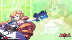 Rule 34 | 1girl, akaga hirotaka, aq interactive, arcana heart, arcana heart 2, arcana heart 3, armpits, atlus, bare shoulders, blue eyes, blunt bangs, blush, breasts, brown hair, character name, cleavage, copyright name, crossed arms, dress, drill hair, dual wielding, earrings, elbow gloves, examu, fighting stance, flower, frown, gloves, glowing, gun, hair flower, hair ornament, handgun, highres, holding, jewelry, large breasts, logo, long hair, necklace, official art, official wallpaper, open mouth, orange hair, pendant, petra johanna lagerkvist, purple eyes, rose, solo, sparkle, twin drills, twintails, very long hair, wallpaper, weapon, white flower, white rose