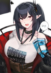 Rule 34 | 1girl, absurdres, alternate breast size, arknights, banknote, bare shoulders, belt, black coat, black hair, blush, breasts, buckle, cleavage, closure (arknights), coat, collar, collarbone, doctor (arknights), fang, fang out, hair ornament, head tilt, highres, holding, holding money, huge breasts, kanta (kanta 077), long hair, looking at viewer, lungmen dollar, money, off-shoulder shirt, off shoulder, official alternate costume, one side up, open clothes, open coat, open mouth, pointy ears, red eyes, shirt, sidelocks, simple background, smile, solo focus, unfinished, upper body, white background, white shirt