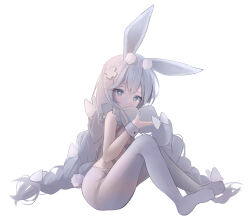 Rule 34 | + +, 1girl, absurdres, animal ears, azur lane, braid, commentary, e name, fake animal ears, fake tail, green eyes, highres, le malin (azur lane), le malin (listless lapin) (azur lane), long hair, looking at viewer, no shoes, official alternate costume, pantyhose, rabbit ears, rabbit tail, simple background, sitting, solo, symbol-only commentary, tail, twin braids, very long hair, white background, white hair, white pantyhose, wrist cuffs