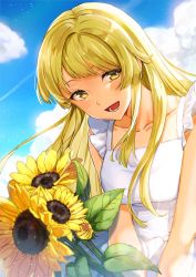 Rule 34 | 1girl, :d, bad id, bad twitter id, bang dream!, blonde hair, blush, cloud, commentary, day, dress, eyebrows hidden by hair, flower, frilled straps, highres, holding, holding flower, leaning forward, long hair, looking to the side, open mouth, outdoors, sidelocks, sky, smile, solo, sundress, sunflower, swept bangs, symbol-only commentary, tiny (tini3030), tsurumaki kokoro, upper body, white dress, yellow eyes