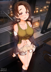 Rule 34 | 1girl, blush, breasts, brown eyes, brown hair, cleavage, collarbone, girls und panzer, green tank top, heart, heart-shaped pupils, highres, indoors, large breasts, looking at viewer, megadeko, military, military uniform, miniskirt, navel, no panties, ooarai military uniform, open mouth, pleated skirt, sawa azusa, shiny skin, skirt, solo, sweat, symbol-shaped pupils, tank top, thick eyebrows, uniform, white skirt, window