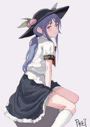 Rule 34 | 1girl, alternate hairstyle, artist name, black hat, black skirt, blouse, blue hair, blush, bow, chinese commentary, commentary request, feet out of frame, fkey, food, fruit, grey background, hat, highres, hinanawi tenshi, kneehighs, leaf, light smile, looking at viewer, low ponytail, peach, petticoat, puffy short sleeves, puffy sleeves, red bow, red eyes, red neckwear, rock, shirt, short sleeves, sidelocks, signature, simple background, sitting, skirt, socks, solo, thighs, touhou, white shirt, white socks