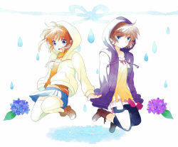 Rule 34 | 2girls, blouse, blue eyes, brown hair, hands in pockets, hood, hoodie, jumping, long sleeves, looking at viewer, lyrical nanoha, mahou shoujo lyrical nanoha, mahou shoujo lyrical nanoha a&#039;s, mahou shoujo lyrical nanoha a&#039;s portable: the battle of aces, stern the destructor, miniskirt, multiple girls, open mouth, pants, pants under skirt, pleated skirt, shirt, short hair, short twintails, skirt, smile, takamachi nanoha, takana (nanao), thighhighs, twintails, water drop, white legwear