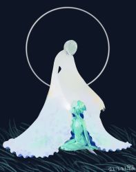 Rule 34 | 2others, androgynous, aqua eyes, aqua hair, arm support, circle, closed eyes, completely nude, covering another&#039;s eyes, crystal hair, dated, dual persona, facing down, grass, highres, houseki no kuni, long sleeves, looking away, multiple others, night, nude, other focus, phosphophyllite, phosphophyllite (gemstone), profile, robe, short hair, simple background, sitting, spoilers, standing, two-sided fabric, wariza, white robe, wide sleeves, yexiaojunjun044