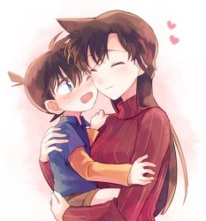 Rule 34 | 1boy, 1girl, ^ ^, akiyoshi (tama-pete), blue eyes, blush, brown hair, carrying, cheek-to-cheek, closed eyes, closed mouth, edogawa conan, embarrassed, closed eyes, glasses, hand on another&#039;s arm, hand on another&#039;s shoulder, heads together, heart, hetero, hug, layered sleeves, long hair, long sleeves, meitantei conan, mouri ran, one eye closed, open mouth, ribbed sweater, short over long sleeves, short sleeves, shorts, smile, sweatdrop, sweater, turtleneck, wavy mouth