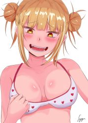 Rule 34 | 10s, 1girl, blonde hair, blush, boku no hero academia, bra, breasts, cleavage, double bun, fangs, heart, heart print, highres, looking at viewer, medium breasts, open mouth, signature, simple background, smile, solo, syyn (syyndev), tareme, toga himiko, underwear, upper body, white background, yellow eyes