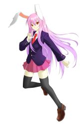 Rule 34 | 1girl, absurdres, animal ears, black thighhighs, blazer, dress shirt, finger gun, full body, grey background, highres, hinoyama ena, hyounosen ena, jacket, leg up, loafers, long hair, long sleeves, looking at viewer, necktie, pink skirt, pleated skirt, pointing, pointing up, purple hair, rabbit ears, rabbit girl, rabbit tail, red eyes, red necktie, reisen udongein inaba, shirt, shoes, simple background, skirt, smile, solo, tail, thighhighs, touhou, very long hair, white shirt, zettai ryouiki
