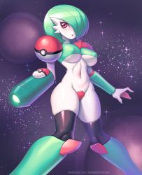 Rule 34 | 1girl, arm cannon, artist name, black thighhighs, blush, bob cut, boots, breasts, collarbone, colored skin, covered erect nipples, creatures (company), crop top, crotch plate, female focus, game freak, gardevoir, gen 3 pokemon, green footwear, green hair, green nails, green shirt, groin, hair over one eye, knee boots, large breasts, light blush, looking to the side, metroid, nail polish, navel, nintendo, one eye covered, open mouth, patreon username, planet, poke ball, poke ball (basic), poke ball theme, pokemon, pokemon (creature), purple background, red eyes, shiny clothes, shirt, short hair, skindentation, solo, space, sparkle, star (sky), stomach, supersatanson, thighhighs, underboob, watermark, weapon, web address, white skin, wide hips