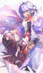 Rule 34 | 2girls, absurdres, ahoge, arm guards, bare shoulders, black dress, blue eyes, blue hair, china dress, chinese clothes, closed mouth, dress, dual persona, flower, glass shards, gloves, hair flower, hair ornament, highres, honkai (series), honkai impact 3rd, long hair, looking at another, multiple girls, red eyes, red gloves, red hair, seele (alter ego), seele vollerei, seele vollerei (starchasm nyx), seele vollerei (stygian nymph), short hair, white dress, white flower, yuyinloujin