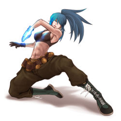 Rule 34 | 1girl, abs, bad id, bad pixiv id, bare shoulders, blue hair, boots, hair over one eye, leona heidern, midriff, muscular, muscular female, risdead, snk, solo, the king of fighters