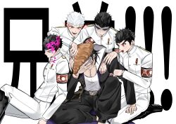 Rule 34 | 5boys, :d, absurdres, black footwear, black hair, black pants, blood, blush, boots, breast pocket, brown hair, buttons, collarbone, covering face, crying, danganronpa: trigger happy havoc, danganronpa (series), glowing, glowing eyes, highres, ishida (danganronpa), ishimaru kiyotaka, jacket, knee boots, looking at another, male focus, multicolored hair, multiple boys, multiple persona, non (nonnon 0620), official alternate hairstyle, owada mondo, open clothes, open jacket, open mouth, pants, pink blood, pocket, pompadour, red eyes, shirt, short hair, sitting, smile, tears, teeth, translation request, two-tone hair, white background, white hair, white jacket, white pants, white shirt