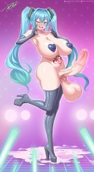 Rule 34 | 1futa, absurdres, aqua eyes, aqua hair, black gloves, blush, boots, breasts, censored, cum, develadara, elbow gloves, erection, futanari, gloves, hatsune miku, heart pasties, highres, huge breasts, huge penis, huge testicles, long hair, microphone, mosaic censoring, nipples, open mouth, pasties, penis, smile, solo, tattoo, testicles, thigh boots, thighhighs, tongue, tongue out, twintails, veins, veiny penis, voiceroid