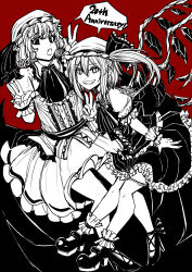 Rule 34 | 2girls, absurdres, anniversary, ascot, black bow, black footwear, black ribbon, black skirt, black vest, bobby socks, bow, collared shirt, crystal, double v, flandre scarlet, frilled shirt collar, frilled skirt, frilled sleeves, frills, grin, hair between eyes, hat, hat ribbon, high heels, highres, jin (user zsgc8725), limited palette, looking at viewer, mary janes, medium hair, mob cap, multiple girls, one side up, open mouth, puffy short sleeves, puffy sleeves, red background, red theme, remilia scarlet, ribbon, shirt, shoes, short sleeves, siblings, simple background, sisters, skirt, skirt set, slit pupils, smile, socks, touhou, v, vest, white headwear, white shirt, white skirt, wings, wrist cuffs
