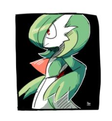 Rule 34 | 1girl, black background, bob cut, border, closed mouth, colored skin, cowboy shot, creatures (company), female focus, flat chest, from side, game freak, gardevoir, gen 3 pokemon, green hair, green skin, hair over one eye, lotosu, lowres, multicolored skin, nintendo, outline, pokemon, pokemon (creature), profile, red eyes, short hair, simple background, sketch, solo, standing, two-tone skin, white border, white outline, white skin